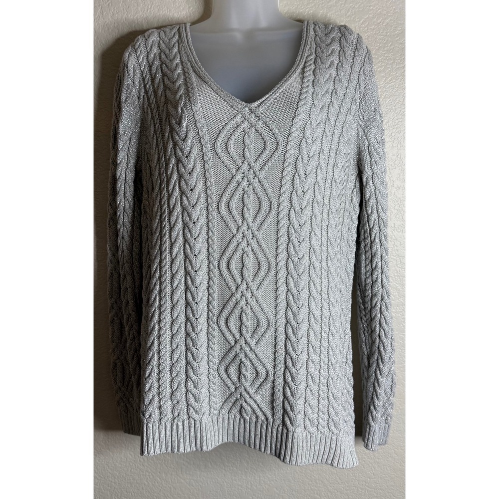 Ralph Lauren LRL Womens 1X Sweater Silver Metallic Cable Knit V Neck Cotton